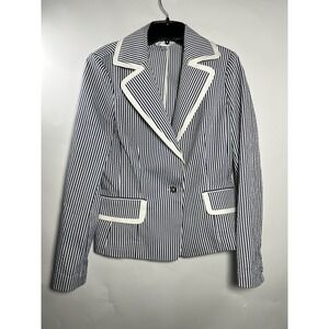 St John Womens White And Navy Striped Seersucker Blazer Classic‎ Luxury